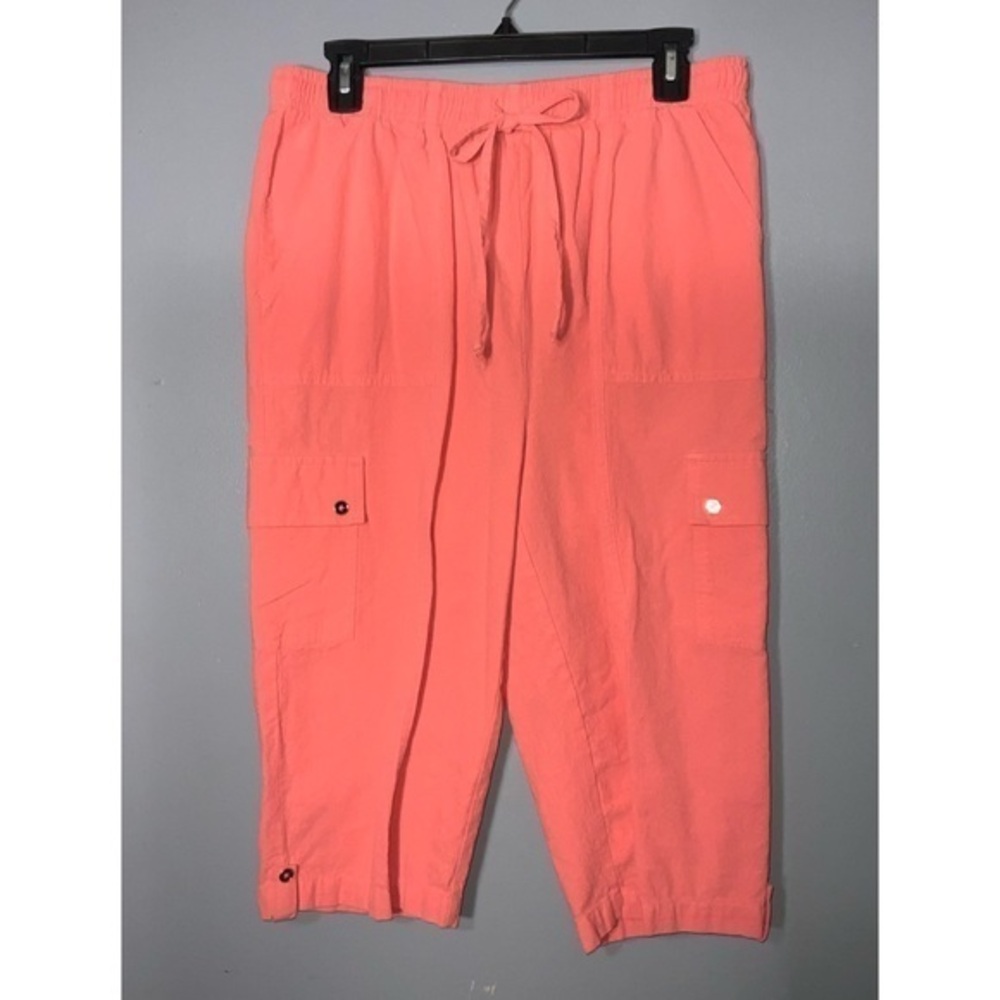 Blair Melon Orange Pull On Elastic Drawstring High Waist Cargo Capri Pockets Lg